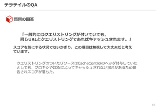 テラテイルのQA
13
質問の回答
「一般的にはクエリストリングが付いていても、
同じURLとクエリストリングであればキャッシュされます。」
クエリストリングのついたリソースはCacheControlのヘッダ付与していた
としても、プロキシやCDNによってキャッシュされない場合があるため警
告されスコアが落ちた。
スコアを気にする状況でないかぎり、この項目は無視して大丈夫だと考え
ています。
 