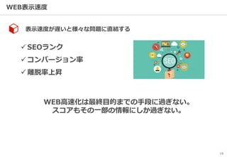 19
WEB表示速度
表示速度が遅いと様々な問題に直結する
✓ SEOランク
✓ コンバージョン率
✓ 離脱率上昇
WEB高速化は最終目的までの手段に過ぎない。
スコアもその一部の情報にしか過ぎない。
 