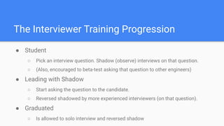 The Interviewer Training Progression
● Student
○ Pick an interview question. Shadow (observe) interviews on that question....