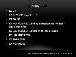 STATUS CODE
• 200 OK
• 301 MOVED PERMANENTLY
• 302 FOUND
• 304 NOT MODIFIED (Used by proxies/caches to check if
data is modified)
• 400 BAD REQUEST (Caused by client side error)
• 401 UNAUTHORIZED
• 403 FORBIDDEN
• 404 NOT FOUND
Source: https://en.wikipedia.org/wiki/List_of_HTTP_status_codes
 