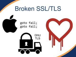 Broken SSL/TLS 
goto$fail;$ 
goto$fail; 
 