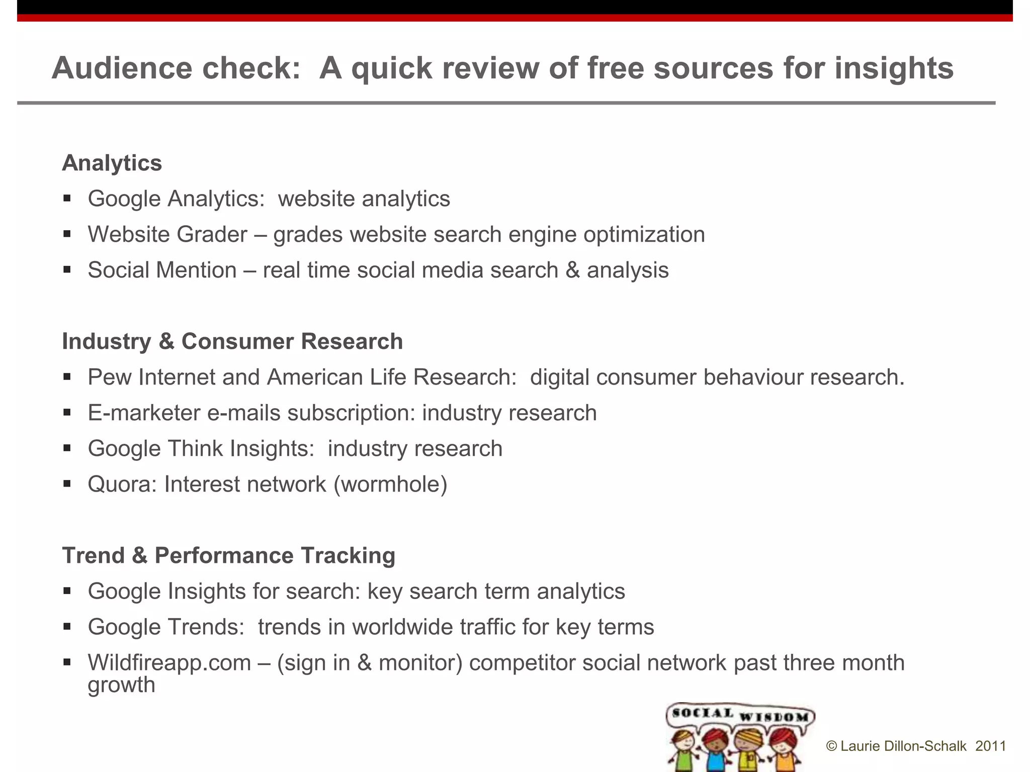 Audience check: A quick review of free sources for insights

Analytics
 Google Analytics: website analytics
 Website Grader – grades website search engine optimization
 Social Mention – real time social media search & analysis


Industry & Consumer Research
 Pew Internet and American Life Research: digital consumer behaviour research.
 E-marketer e-mails subscription: industry research
 Google Think Insights: industry research
 Quora: Interest network (wormhole)


Trend & Performance Tracking
 Google Insights for search: key search term analytics
 Google Trends: trends in worldwide traffic for key terms
 Wildfireapp.com – (sign in & monitor) competitor social network past three month
  growth

                                                                          © Laurie Dillon-Schalk 2011
 