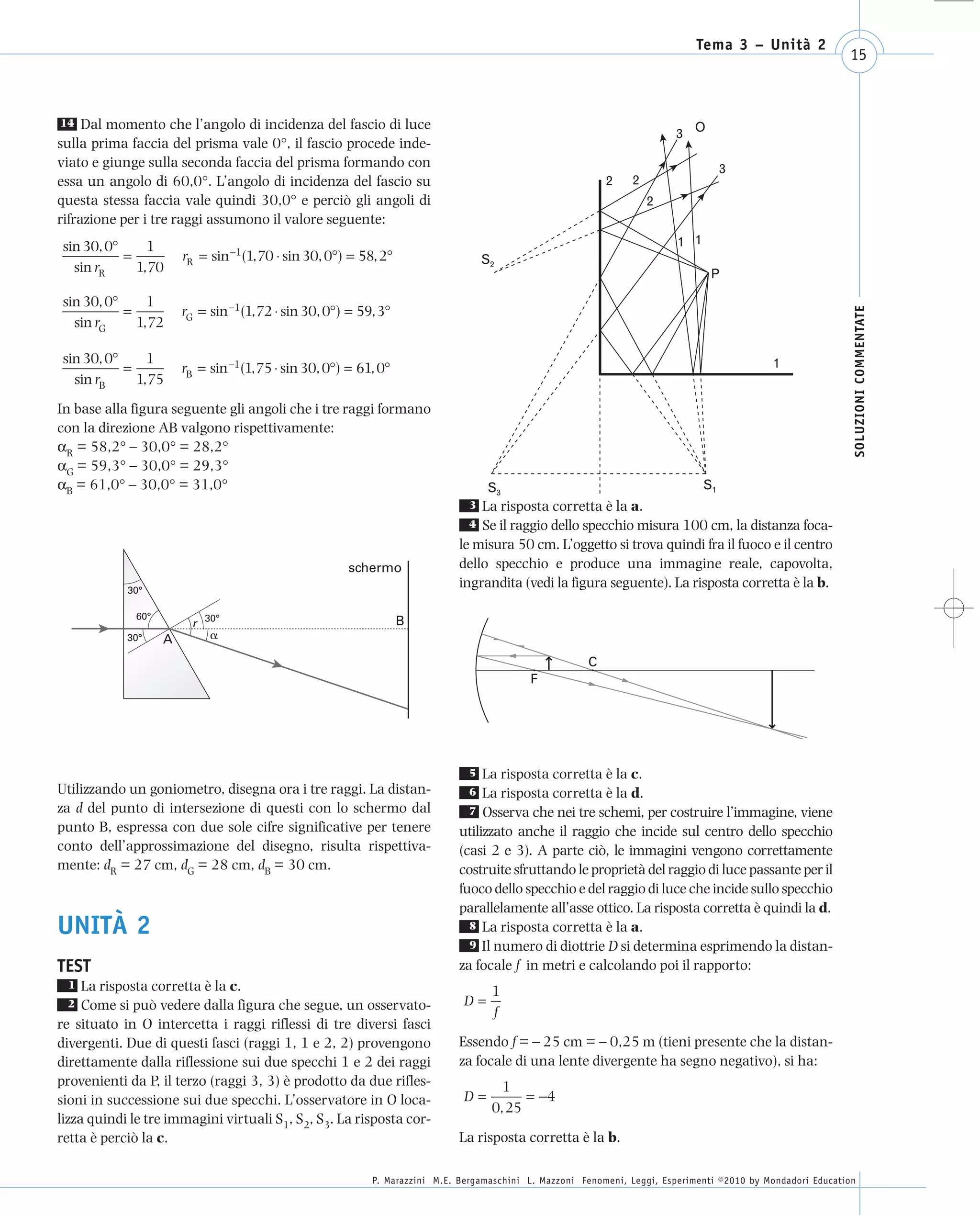 008_risposte x WEB       6-05-2010       11:08      Pagina 15




                                                                                                                                   Tema 3 – Unità 2
                                                                                                                                                                  15



      14 Dal momento che l’angolo di incidenza del fascio di luce
                                                                                                                              3 O
      sulla prima faccia del prisma vale 0°, il fascio procede inde-
      viato e giunge sulla seconda faccia del prisma formando con                                                                         3
      essa un angolo di 60,0°. L’angolo di incidenza del fascio su                                              2    2
      questa stessa faccia vale quindi 30,0° e perciò gli angoli di                                                      2
      rifrazione per i tre raggi assumono il valore seguente:
       sin 30, 0°     1                                                                                                        1 1
                  =          rR = sin −1(1,70 ⋅ sin 30, 0°) = 58, 2°                    S2
         sin rR     1,70                                                                                                              P

       sin 30, 0°     1
                  =          rG = sin −1(1,72 ⋅ sin 30, 0°) = 59, 3°




                                                                                                                                                                   SOLUZIONI COMMENTATE
         sin rG     1,72

       sin 30, 0°     1
                  =          rB = sin −1(1,75 ⋅ sin 30, 0°) = 61, 0°                                                                              1
         sin rB     1,75
      In base alla figura seguente gli angoli che i tre raggi formano
      con la direzione AB valgono rispettivamente:
      αR = 58,2° – 30,0° = 28,2°
      αG = 59,3° – 30,0° = 29,3°
      αB = 61,0° – 30,0° = 31,0°                                                        S3                                           S1
                                                                                    3La risposta corretta è la a.
                                                                                   4 Se il raggio dello specchio misura 100 cm, la distanza foca-
                                                                                 le misura 50 cm. L’oggetto si trova quindi fra il fuoco e il centro
                                                            schermo              dello specchio e produce una immagine reale, capovolta,
                  30°
                                                                                 ingrandita (vedi la figura seguente). La risposta corretta è la b.

                   60°
                               r 30°                                   B
                  30°    A        ␣

                                                                                                            C
                                                                                                F




                                                                                    5 La risposta corretta è la c.
      Utilizzando un goniometro, disegna ora i tre raggi. La distan-                6 La risposta corretta è la d.
      za d del punto di intersezione di questi con lo schermo dal                  7 Osserva che nei tre schemi, per costruire l’immagine, viene
      punto B, espressa con due sole cifre significative per tenere              utilizzato anche il raggio che incide sul centro dello specchio
      conto dell’approssimazione del disegno, risulta rispettiva-                (casi 2 e 3). A parte ciò, le immagini vengono correttamente
      mente: dR = 27 cm, dG = 28 cm, dB = 30 cm.                                 costruite sfruttando le proprietà del raggio di luce passante per il
                                                                                 fuoco dello specchio e del raggio di luce che incide sullo specchio
                                                                                 parallelamente all’asse ottico. La risposta corretta è quindi la d.
      UNITÀ 2                                                                      8 La risposta corretta è la a.
                                                                                   9 Il numero di diottrie D si determina esprimendo la distan-

      TEST                                                                       za focale f in metri e calcolando poi il rapporto:
       1   La risposta corretta è la c.                                                  1
       2   Come si può vedere dalla figura che segue, un osservato-               D=
                                                                                         f
      re situato in O intercetta i raggi riflessi di tre diversi fasci
      divergenti. Due di questi fasci (raggi 1, 1 e 2, 2) provengono             Essendo f = – 25 cm = – 0,25 m (tieni presente che la distan-
      direttamente dalla riflessione sui due specchi 1 e 2 dei raggi             za focale di una lente divergente ha segno negativo), si ha:
      provenienti da P, il terzo (raggi 3, 3) è prodotto da due rifles-                    1
      sioni in successione sui due specchi. L’osservatore in O loca-              D=           = −4
                                                                                         0, 25
      lizza quindi le tre immagini virtuali S1, S2, S3. La risposta cor-
      retta è perciò la c.                                                       La risposta corretta è la b.

                                                                P. Marazzini M.E. Bergamaschini L. Mazzoni Fenomeni, Leggi, Esperimenti ©2010 by Mondadori Education
 