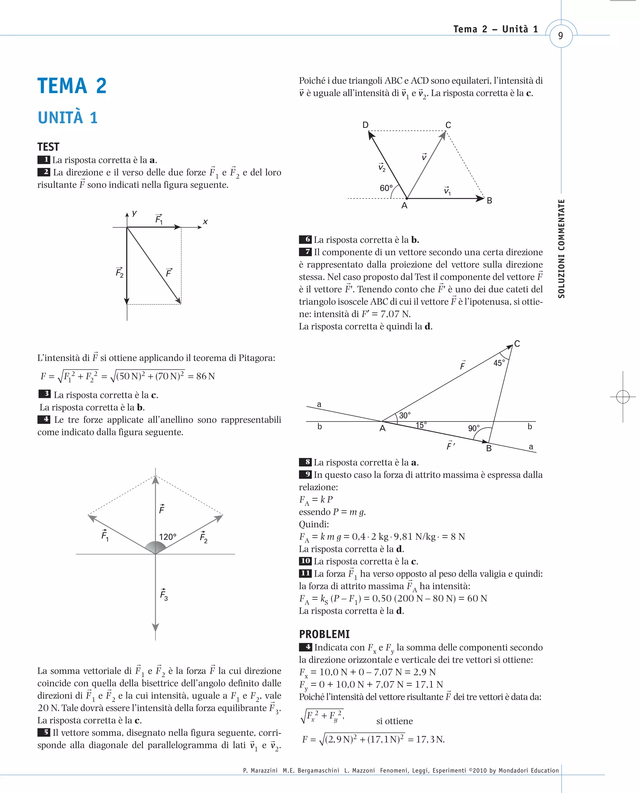 008_risposte x WEB      6-05-2010         11:08   Pagina 9




                                                                                                                                 Tema 2 – Unità 1
                                                                                                                                                                9




      TEMA 2                                                                  Poiché i due triangoli ABC e ACD sono equilateri, l’intensità di
                                                                              v è uguale all’intensità di v1 e v2. La risposta corretta è la c.

      UNITÀ 1                                                                                     D                          C

      TEST
       1  La risposta corretta è la a.                                                                               v
                                                                                                       v2
       2  La direzione e il verso delle due forze F 1 e F 2 e del loro
      risultante F sono indicati nella figura seguente.                                                 60°                 v1
                                                                                                                                          B




                                                                                                                                                                SOLUZIONI COMMENTATE
                                                                                                               A
                                y
                                     F1           x

                                                                                6  La risposta corretta è la b.
                                                                                7  Il componente di un vettore secondo una certa direzione
                                                                              è rappresentato dalla proiezione del vettore sulla direzione
                           F2             F                                   stessa. Nel caso proposto dal Test il componente del vettore F
                                                                              è il vettore F '. Tenendo conto che F ' è uno dei due cateti del
                                                                              triangolo isoscele ABC di cui il vettore F è l’ipotenusa, si ottie-
                                                                              ne: intensità di F′ = 7,07 N.
                                                                              La risposta corretta è quindi la d.
                                                                                                                                                    C
      L’intensità di F si ottiene applicando il teorema di Pitagora:
                                                                                                                                              45°
       F = F12 + F22 = (50 N)2 + (70 N)2 = 86 N
        3 La risposta corretta è la c.

       La risposta corretta è la b.                                                 a
        4 Le tre forze applicate all’anellino sono rappresentabili                                            30°
                                                                                    b                  A            15°             90°                 b
      come indicato dalla figura seguente.
                                                                                                                                          B             a
                                                                                8  La risposta corretta è la a.
                                                                                9  In questo caso la forza di attrito massima è espressa dalla
                                                                              relazione:
                                                                              FA = k P
                                      F                                       essendo P = m g.
                                                                              Quindi:
                      F1              120°        F2                          FA = k m g = 0,4 ⋅ 2 kg ⋅ 9,81 N/kg ⋅ = 8 N
                                                                              La risposta corretta è la d.
                                                                               10 La risposta corretta è la c.
                                                                               11 La forza F ha verso opposto al peso della valigia e quindi:
                                                                                              1
                                                                              la forza di attrito massima F A ha intensità:
                                      F3                                      FA = kS (P – F1) = 0,50 (200 N – 80 N) = 60 N
                                                                              La risposta corretta è la d.

                                                                              PROBLEMI
                                                                                4 Indicata con F e F la somma delle componenti secondo
                                                                                                   x    y
                                                                              la direzione orizzontale e verticale dei tre vettori si ottiene:
      La somma vettoriale di F 1 e F 2 è la forza F la cui direzione          Fx = 10,0 N + 0 – 7,07 N = 2,9 N
      coincide con quella della bisettrice dell’angolo definito dalle         Fy = 0 + 10,0 N + 7,07 N = 17,1 N
      direzioni di F 1 e F 2 e la cui intensità, uguale a F1 e F2, vale       Poiché l’intensità del vettore risultante F dei tre vettori è data da:
      20 N. Tale dovrà essere l’intensità della forza equilibrante F 3.
                                                                                 Fx2 + Fy2 ,
      La risposta corretta è la c.                                                                     si ottiene
        5 Il vettore somma, disegnato nella figura seguente, corri-
                                                                               F = (2, 9 N)2 + (17, 1 N)2 = 17, 3 N.
      sponde alla diagonale del parallelogramma di lati v1 e v2.

                                                             P. Marazzini M.E. Bergamaschini L. Mazzoni Fenomeni, Leggi, Esperimenti ©2010 by Mondadori Education
 