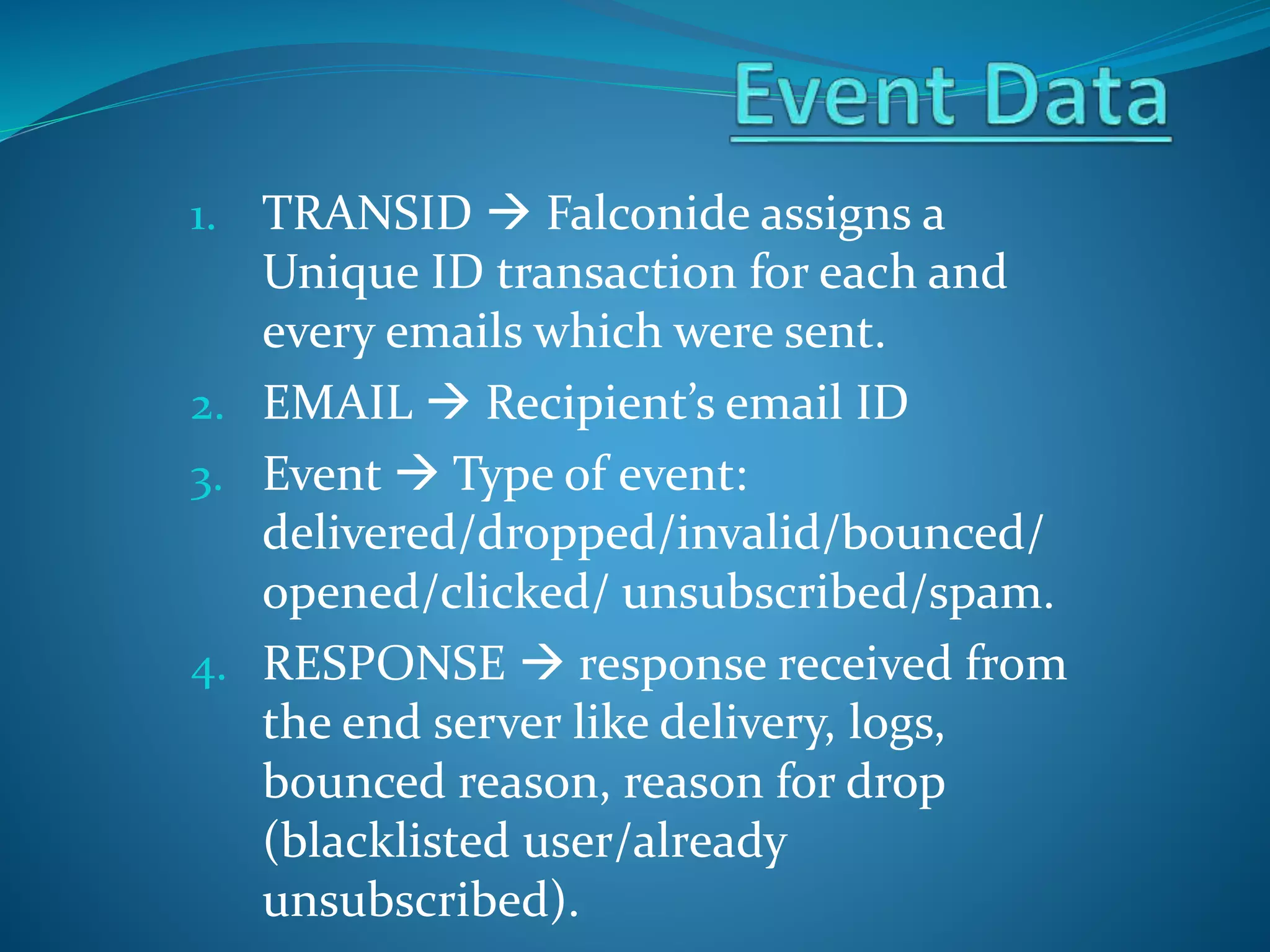 1. TRANSID  Falconide assigns a
Unique ID transaction for each and
every emails which were sent.
2. EMAIL  Recipient’s email ID
3. Event  Type of event:
delivered/dropped/invalid/bounced/
opened/clicked/ unsubscribed/spam.
4. RESPONSE  response received from
the end server like delivery, logs,
bounced reason, reason for drop
(blacklisted user/already
unsubscribed).
 