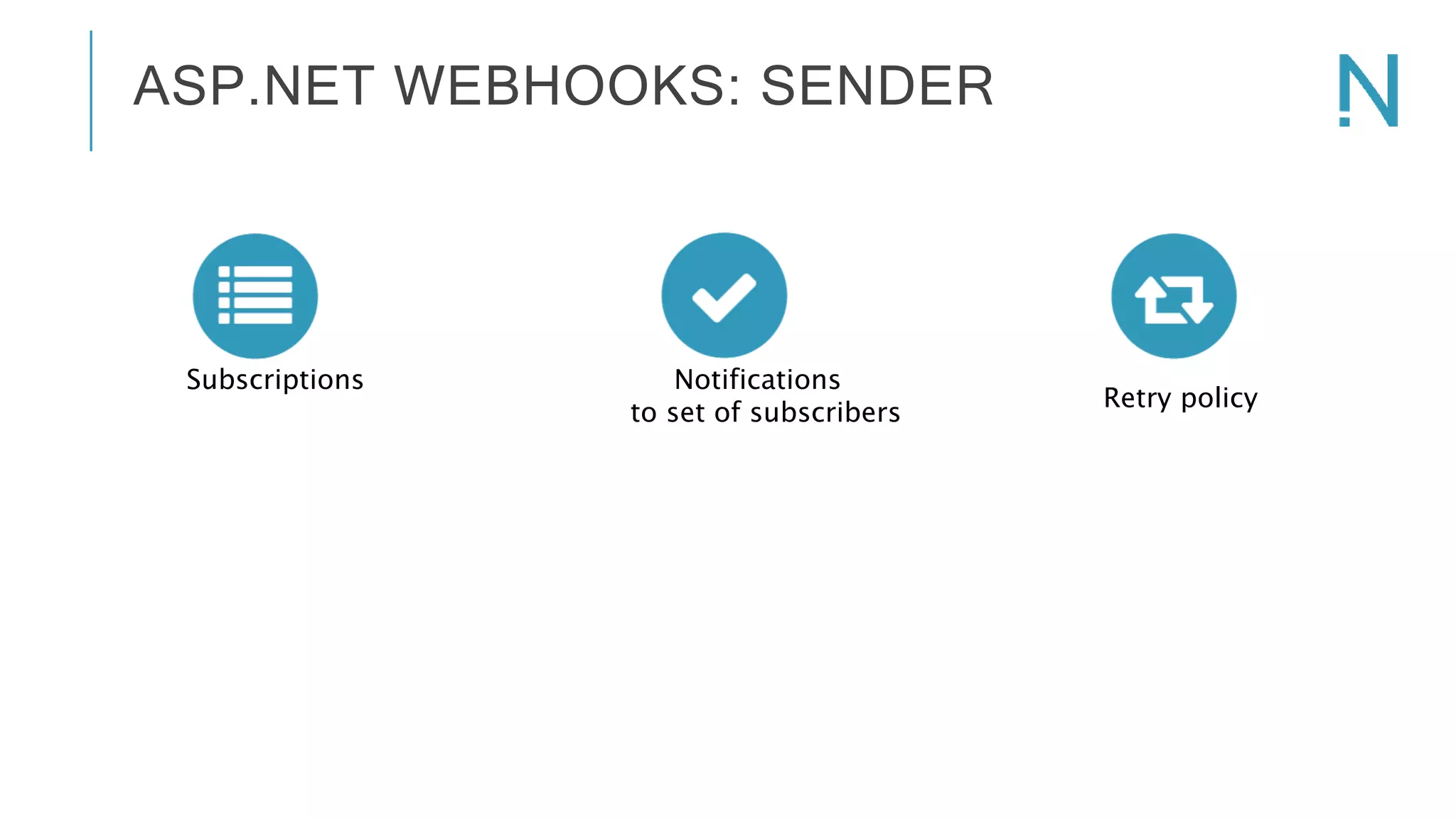 ASP.NET WEBHOOKS: SENDER Subscriptions Notifications to set of subscribers Retry policy 
