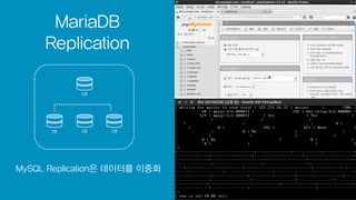 MariaDB
Replication
DB DB DB
DB
MySQL Replication은 데이터를 이중화
 