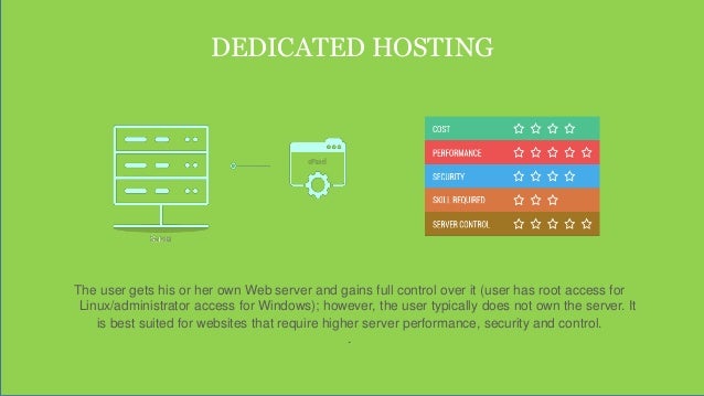 DEDICATED HOSTING
The user gets his or her own Web server and gains full control over it (user has root access for
Linux/administrator access for Windows); however, the user typically does not own the server. It
is best suited for websites that require higher server performance, security and control.
.
 