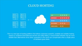 CLOUD HOSTING
This is a new type of hosting platform that allows customers powerful, scalable and reliable hosting
based on clustered load-balanced servers and utility billing. A cloud hosted website may be more
reliable than alternatives since other computers in the cloud can compensate when a single piece
of hardware goes down.
 