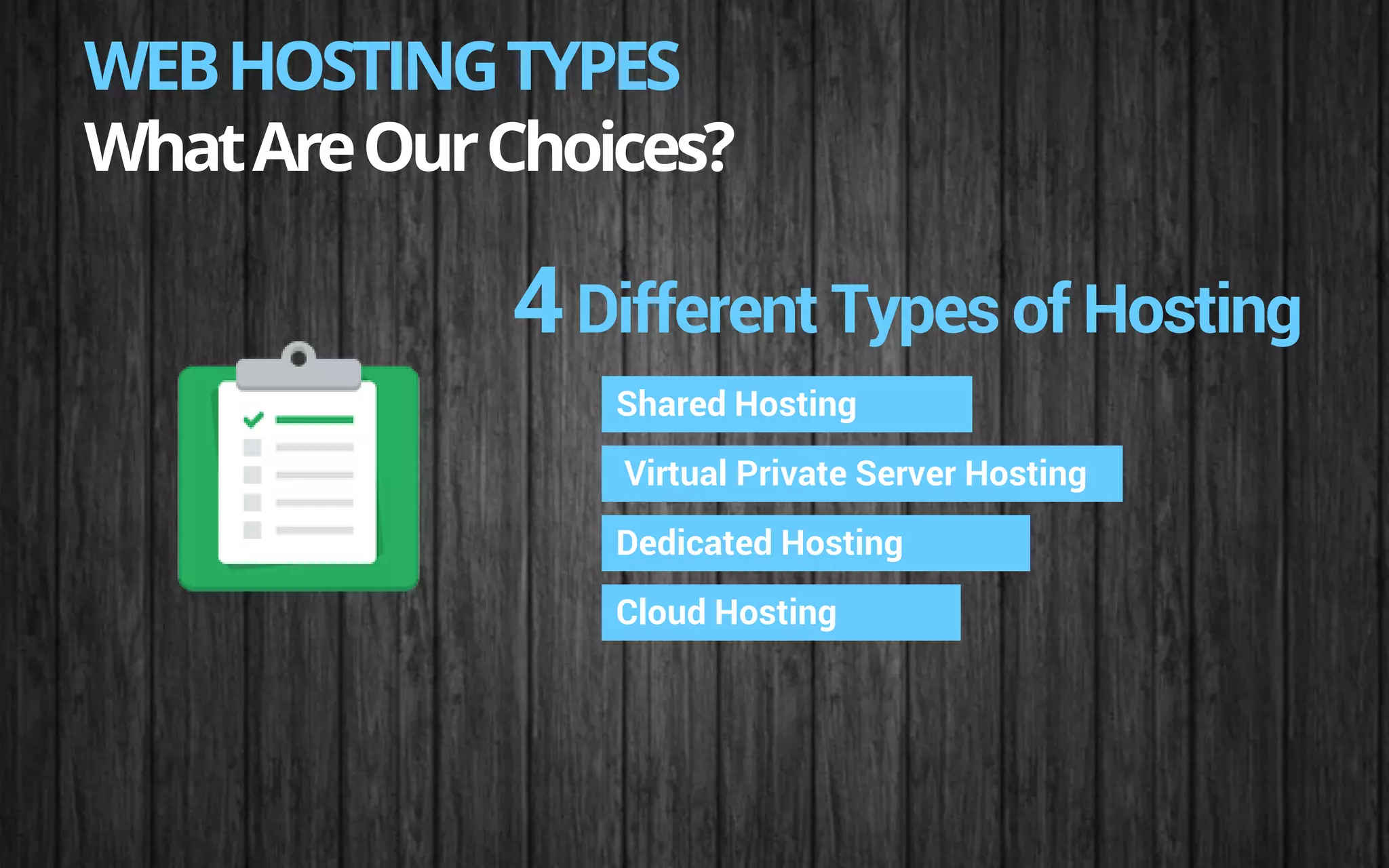 WEBHOSTINGTYPES
WhatAreOurChoices?
Virtual Private Server Hosting
Shared Hosting
Dedicated Hosting
Cloud Hosting
4Different Types of Hosting
 
