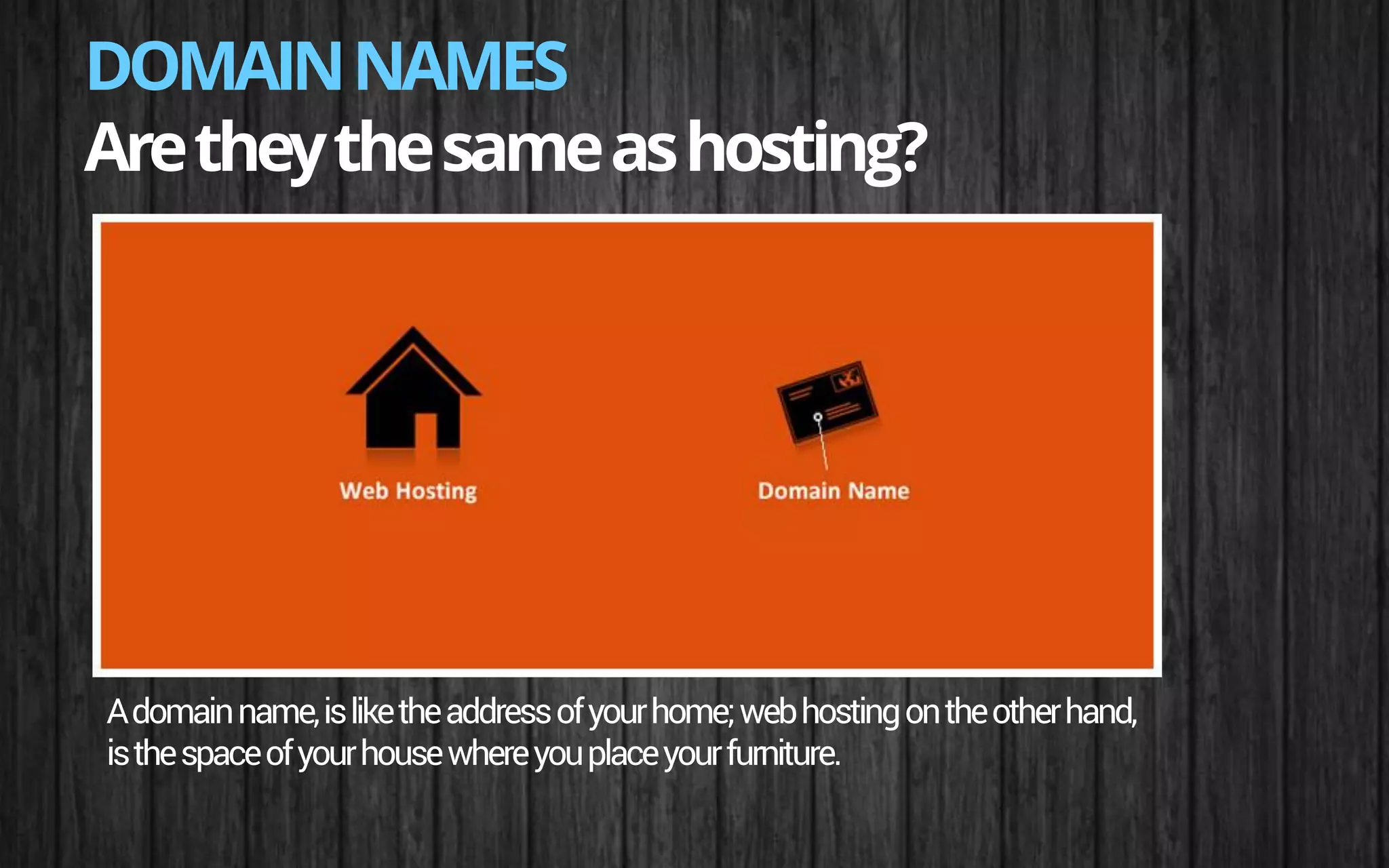 DOMAINNAMES
Aretheythesameashosting?
Adomainname,isliketheaddressofyourhome;webhostingontheotherhand,
isthespaceofyourhousewhereyouplaceyourfurniture.
 