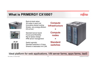 What is PRIMERGY CX1000?
                                  Back-to-back setup
                                  38 nodes in each unit               Compute
                                  Innovative shared cooling        infrastructure
                                  Simple, very energy efficient
                                  I/O at front                            +
                                  Standard server board                Compute
                                  Future-proof flexibility              nodes
                                  Rip & replace design
                                  IPMI server management                  +
                                  Switch agnostic                      Standard
                                                                       St d d
                                  Standard switches in 5 bays          switches
                                  Shared or dedicated mnt LAN



  Ideal platform for web applications, VM server farms, apps farms, IaaS
Glen Koskela, CTO Nordic Region                                   16                Copyright 2010 FUJITSU
 