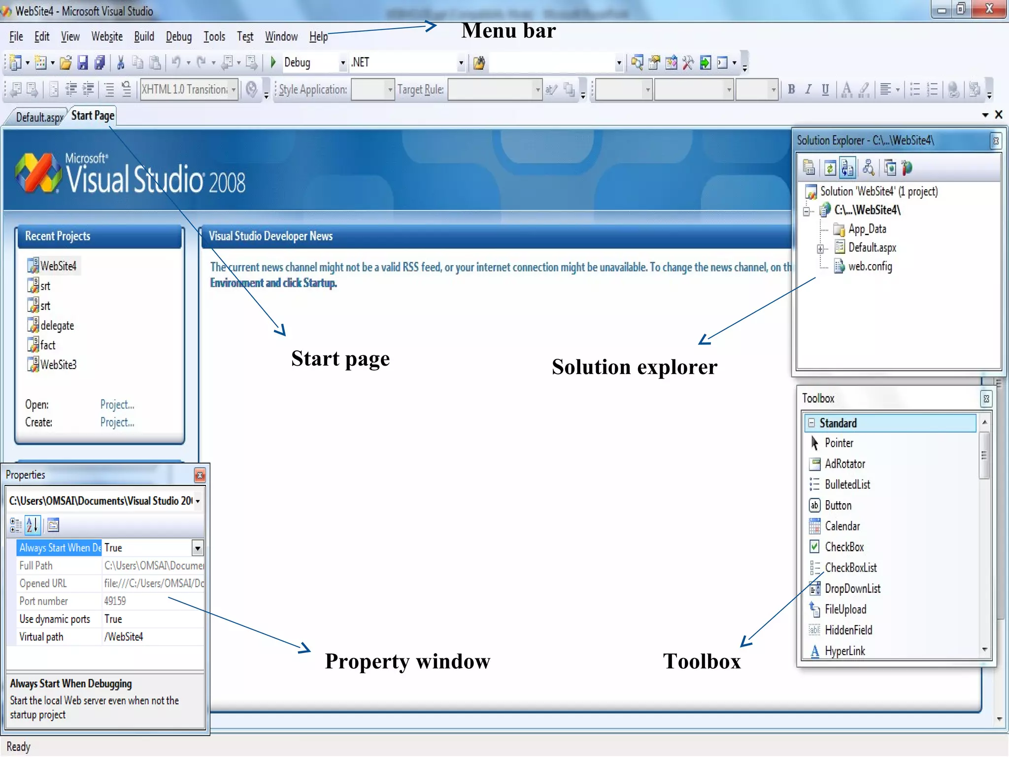 Menu bar




Start page            Solution explorer




   Property window               Toolbox
 