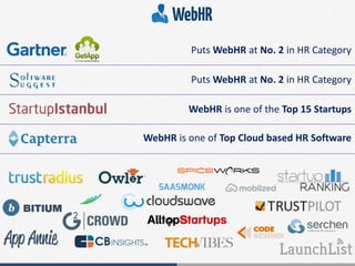Puts WebHR at No. 2 in HR Category
Puts WebHR at No. 2 in HR Category
WebHR is one of the Top 15 Startups
WebHR is one of Top Cloud based HR Software
 