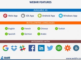 WEBHR FEATURES
www.webhr.co
English French Chinese Turkish
Spanish German Arabic
AVAILABLE AS
Web App iOS App Android App Windows App
IN FOLLOWING LANGUAGES
INTEGRATES WITH
 