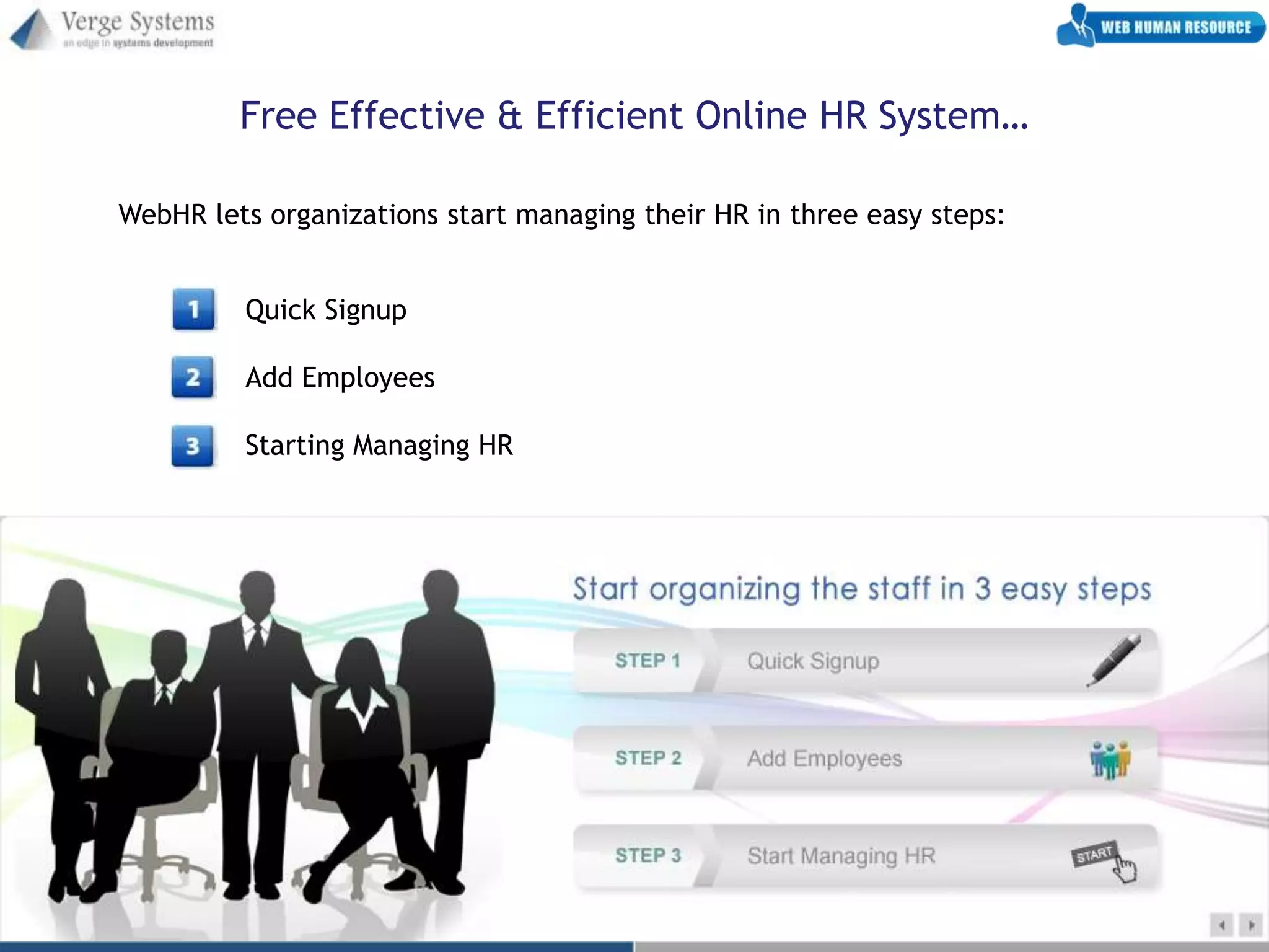 Free Effective & Efficient Online HR System…

WebHR lets organizations start managing their HR in three easy steps:


         Quick Signup

         Add Employees

         Starting Managing HR
 