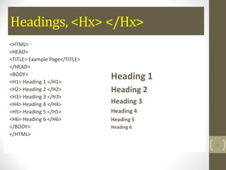Headings, <Hx> </Hx>
<HTML>
<HEAD>
<TITLE> Example Page</TITLE>
</HEAD>
<BODY>
<H1> Heading 1 </H1>
<H2> Heading 2 </H2>
<H3> Heading 3 </H3>
<H4> Heading 4 </H4>
<H5> Heading 5 </H5>
<H6> Heading 6 </H6>
</BODY>
</HTML>
Heading 1
Heading 2
Heading 3
Heading 4
Heading 5
Heading 6
32
 