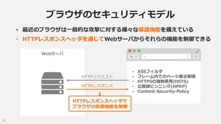ブラウザのセキュリティモデル
• 最近のブラウザは一般的な攻撃に対する様々な保護機能を備えている
• HTTPレスポンスヘッダを通じてWebサーバからそれらの機能を制御できる
Webサーバ

HTTPリクエスト
HTTPレスポンス

HTTPレ...