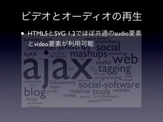 • HTML5    SVG 1.2   audio
   video
 