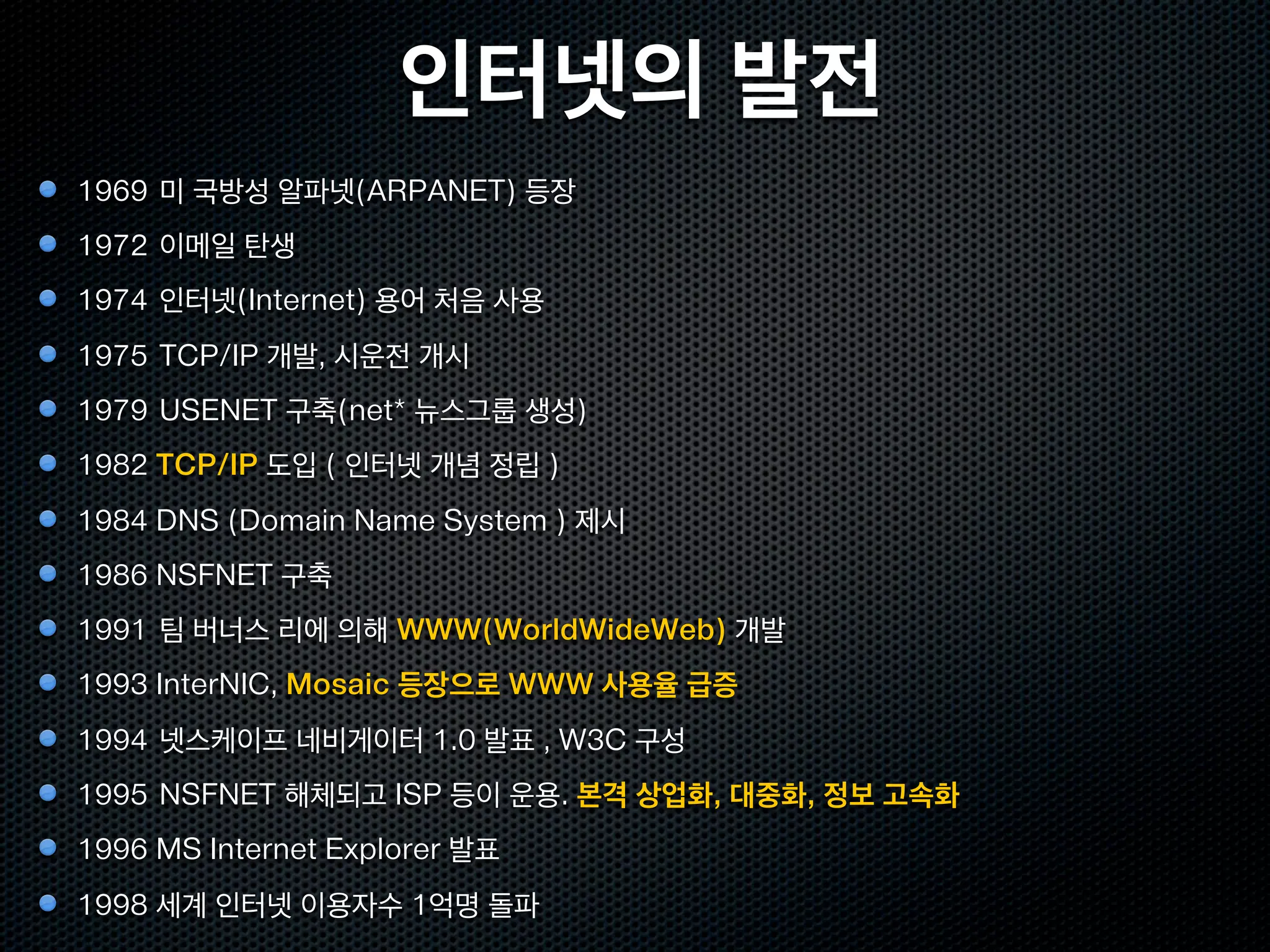 인터넷의 발전
1969 미 국방성 알파넷(ARPANET) 등장
1972 이메일 탄생
1974 인터넷(Internet) 용어 처음 사용
1975 TCP/IP 개발, 시운전 개시
1979 USENET 구축(net* 뉴스그룹 생성)
1982 TCP/IP 도입 ( 인터넷 개념 정립 )
1984 DNS (Domain Name System ) 제시
1986 NSFNET 구축
1991 팀 버너스 리에 의해 WWW(WorldWideWeb) 개발
1993 InterNIC, Mosaic 등장으로 WWW 사용율 급증
1994 넷스케이프 네비게이터 1.0 발표 , W3C 구성
1995 NSFNET 해체되고 ISP 등이 운용. 본격 상업화, 대중화, 정보 고속화
1996 MS Internet Explorer 발표
1998 세계 인터넷 이용자수 1억명 돌파
 