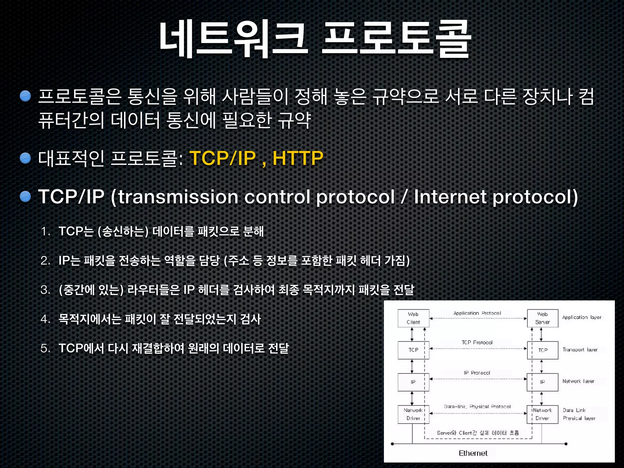 네트워크 프로토콜
프로토콜은 통신을 위해 사람들이 정해 놓은 규약으로 서로 다른 장치나 컴
퓨터간의 데이터 통신에 필요한 규약
대표적인 프로토콜: TCP/IP , HTTP
TCP/IP (transmission control protocol / Internet protocol)
1. TCP는 (송신하는) 데이터를 패킷으로 분해

2. IP는 패킷을 전송하는 역할을 담당 (주소 등 정보를 포함한 패킷 헤더 가짐)

3. (중간에 있는) 라우터들은 IP 헤더를 검사하여 최종 목적지까지 패킷을 전달

4. 목적지에서는 패킷이 잘 전달되었는지 검사

5. TCP에서 다시 재결합하여 원래의 데이터로 전달
 