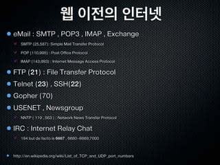 웹 이전의 인터넷
eMail : SMTP , POP3 , IMAP , Exchange
   SMTP (25,587): Simple Mail Transfer Protocol

   POP (110,995) : Post Office Protocol

   IMAP (143,993) : Internet Message Access Protocol


FTP (21) : File Transfer Protocol
Telnet (23) , SSH(22)
Gopher (70)
USENET , Newsgroup
   NNTP ( 119 , 563 ) : Network News Transfer Protocol


IRC : Internet Relay Chat
   194 but de facto is 6667 , 6660~6669,7000



http://en.wikipedia.org/wiki/List_of_TCP_and_UDP_port_numbers
 