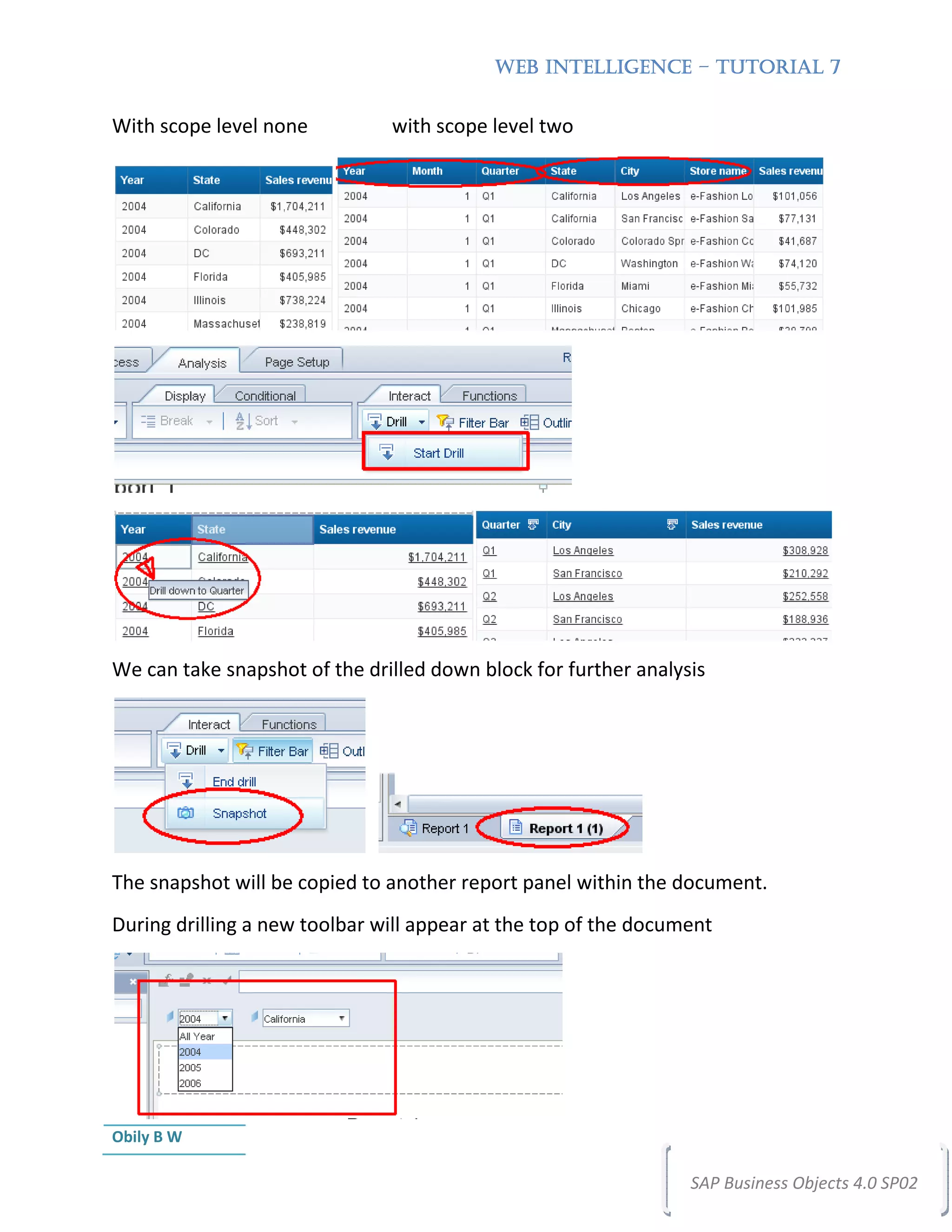 WEB INTELLIGENCE – TUTORIAL 7


With scope level none          with scope level two




We can take snapshot of the drilled down block for further analysis




The snapshot will be copied to another report panel within the document.
During drilling a new toolbar will appear at the top of the document




Obily B W

                                                                 SAP Business Objects 4.0 SP02
 