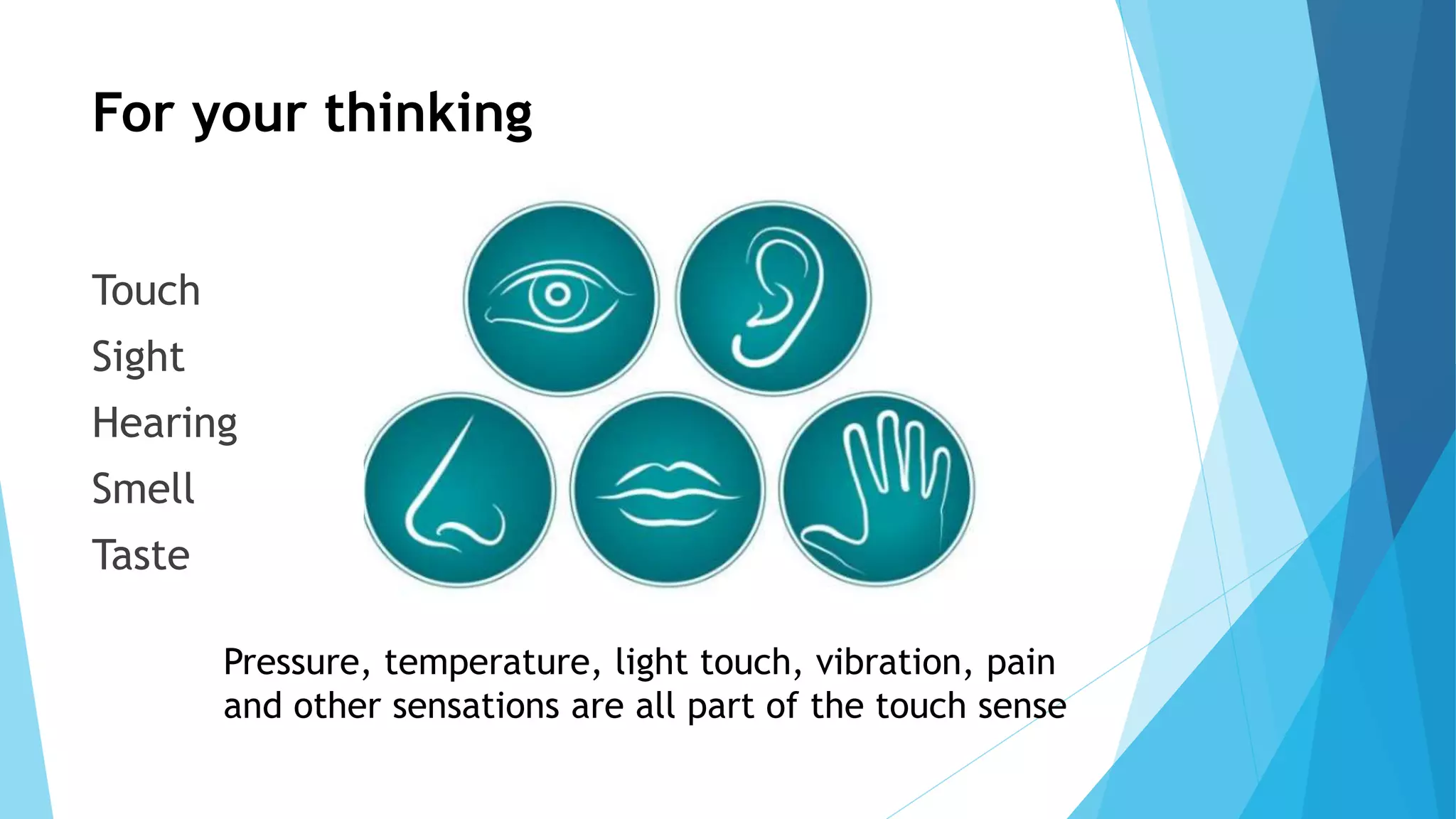 For your thinking
Touch
Sight
Hearing
Smell
Taste
Pressure, temperature, light touch, vibration, pain
and other sensations are all part of the touch sense
 