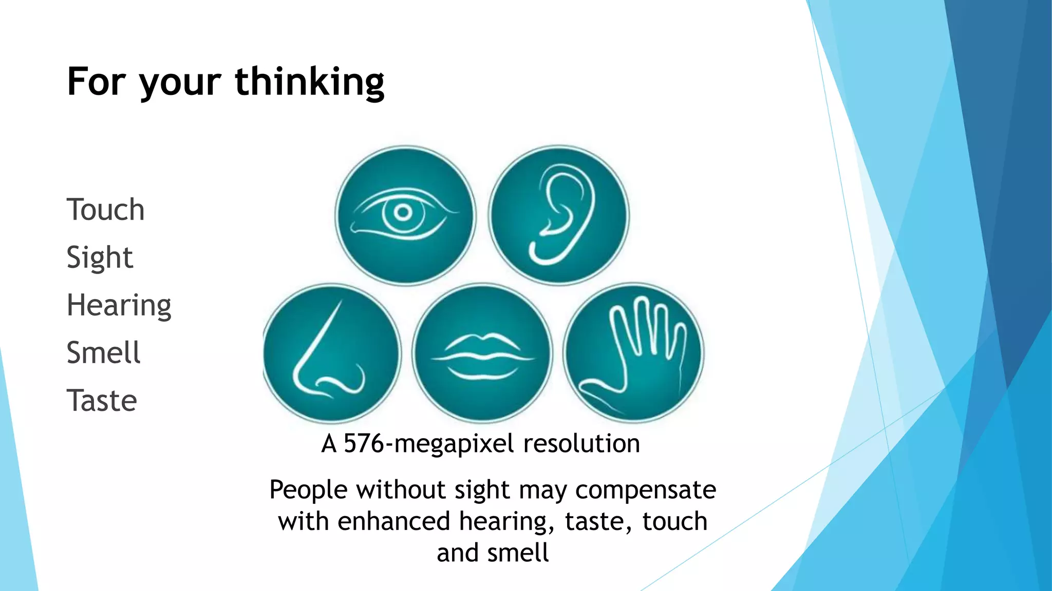 For your thinking
Touch
Sight
Hearing
Smell
Taste
A 576-megapixel resolution
People without sight may compensate
with enhanced hearing, taste, touch
and smell
 