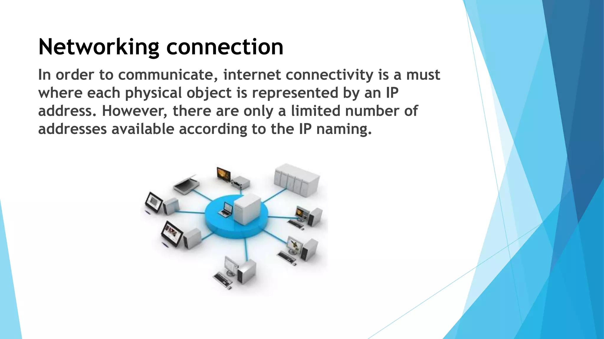 Networking connection
In order to communicate, internet connectivity is a must
where each physical object is represented by an IP
address. However, there are only a limited number of
addresses available according to the IP naming.
 