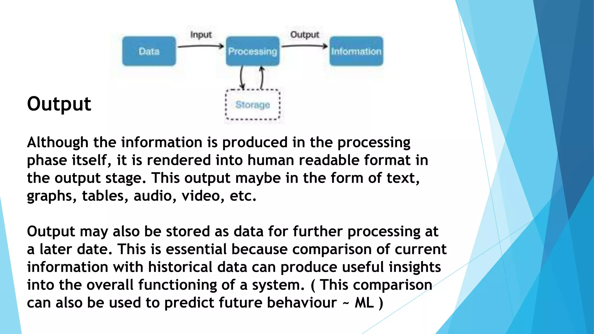 Output
Although the information is produced in the processing
phase itself, it is rendered into human readable format in
the output stage. This output maybe in the form of text,
graphs, tables, audio, video, etc.
Output may also be stored as data for further processing at
a later date. This is essential because comparison of current
information with historical data can produce useful insights
into the overall functioning of a system. ( This comparison
can also be used to predict future behaviour ~ ML )
 