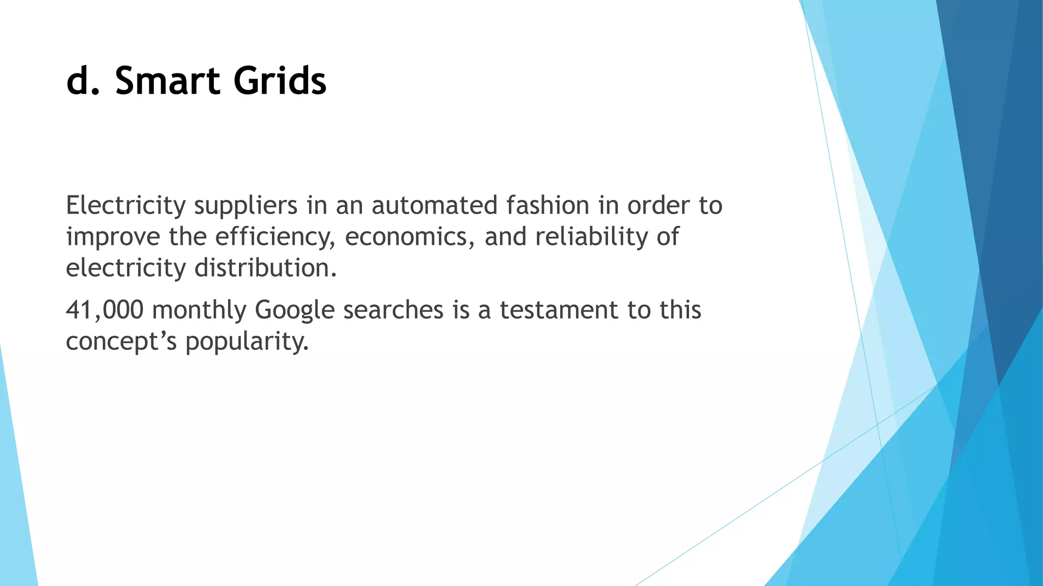d. Smart Grids
Electricity suppliers in an automated fashion in order to
improve the efficiency, economics, and reliability of
electricity distribution.
41,000 monthly Google searches is a testament to this
concept’s popularity.
 