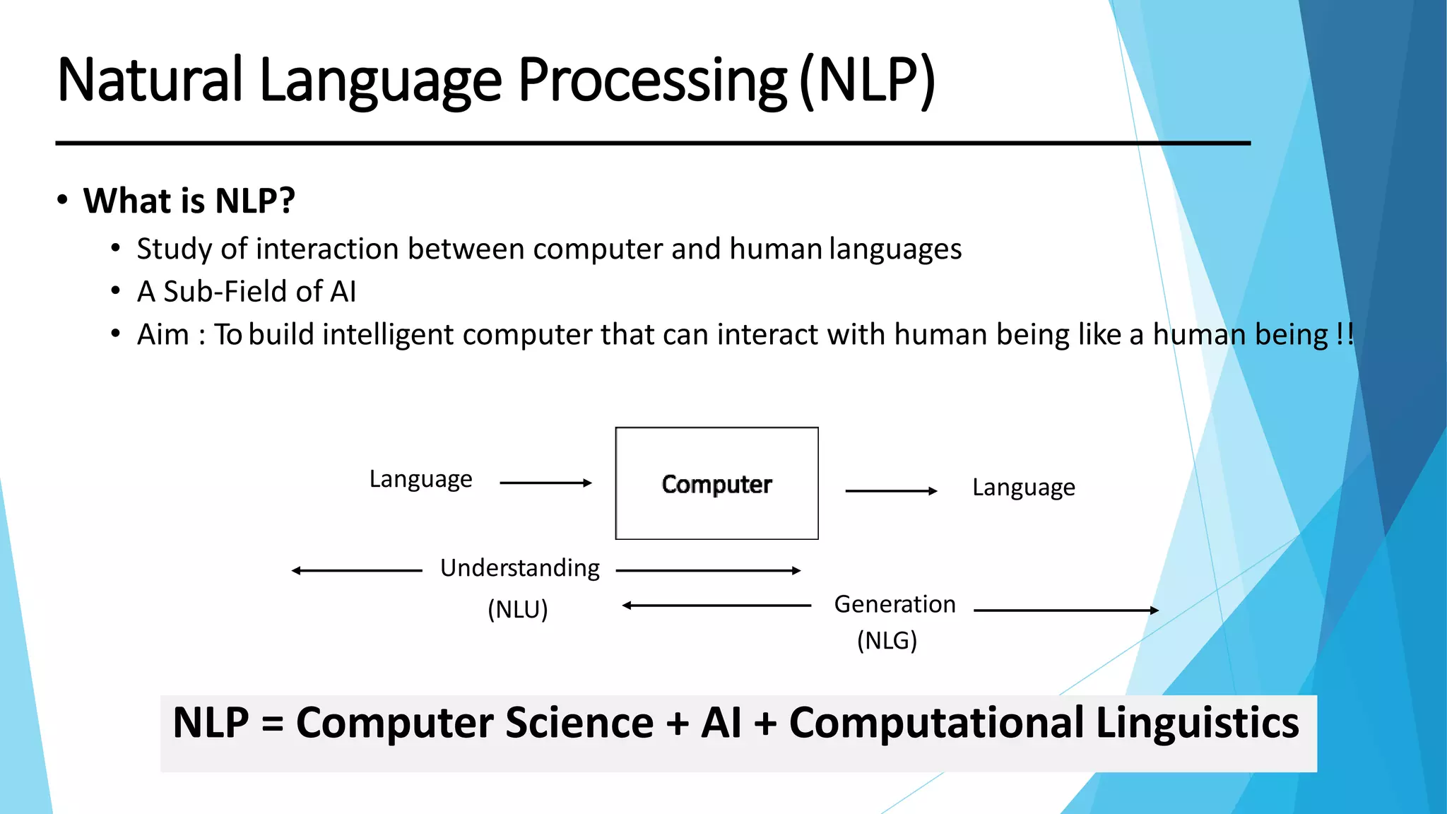 Natural Language Processing(NLP)
• What is NLP?
• Study of interaction between computer and human languages
• A Sub-Field of AI
• Aim : Tobuild intelligent computer that can interact with human being like a human being !!
NLP = Computer Science + AI + Computational Linguistics
Language Language
Generation
(NLG)
Understanding
(NLU)
 