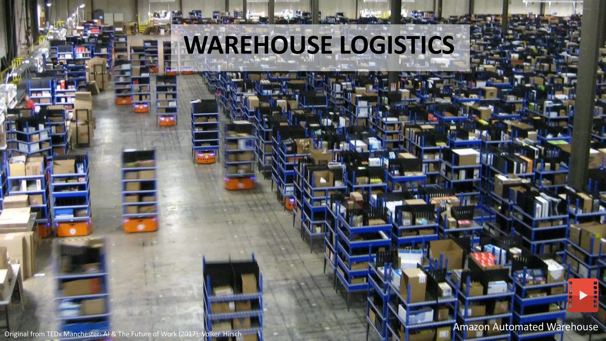 Amazon Automated Warehouse
WAREHOUSE LOGISTICS
Original from TEDx Manchester: AI & The Future of Work (2017), Volker Hirsch
 