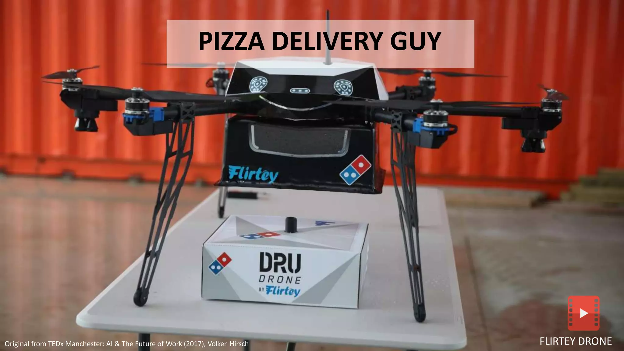 FLIRTEY DRONE
PIZZA DELIVERY GUY
Original from TEDx Manchester: AI & The Future of Work (2017), Volker Hirsch
 