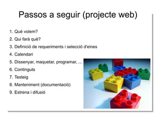 Passos a seguir (projecte web)
1. Què volem?
2. Qui farà què?
3. Definició de requeriments i selecció d'eines
4. Calendari
5. Dissenyar, maquetar, programar, ...
6. Continguts
7. Testeig
8. Manteniment (documentació)
9. Estrena i difusió

 