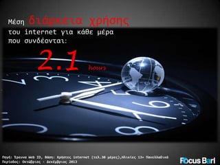 διάρκεια χρήσης

Μέση
του internet για κάθε μέρα
που συνδέονται:

2.1

hours

Πηγή: Έρευνα Web ID, Βάση: Χρήστες internet (τελ.30 μέρες),Ηλικίες 13+ Πανελλαδικά
Περίοδος: Οκτώβριος - Δεκέμβριος 2013

 