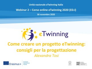 Unità nazionale eTwinning Italia
Webinar 2 – Corso online eTwinning 2020 (ED.I)
30 novembre 2020
Come creare un progetto eTwinning:
consigli per la progettazione
Alexandra Tosi
 