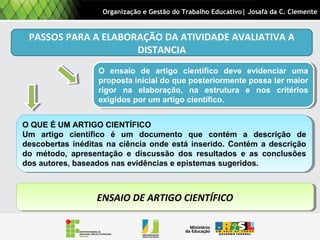 O ensaio de artigo científico deve evidenciar uma
proposta inicial do que posteriormente possa ter maior
rigor na elaboração, na estrutura e nos critérios
exigidos por um artigo científico.
O ensaio de artigo científico deve evidenciar uma
proposta inicial do que posteriormente possa ter maior
rigor na elaboração, na estrutura e nos critérios
exigidos por um artigo científico.
ENSAIO DE ARTIGO CIENTÍFICOENSAIO DE ARTIGO CIENTÍFICO
PASSOS PARA A ELABORAÇÃO DA ATIVIDADE AVALIATIVA A
DISTANCIA
O QUE É UM ARTIGO CIENTÍFICO
Um artigo científico é um documento que contém a descrição de
descobertas inéditas na ciência onde está inserido. Contém a descrição
do método, apresentação e discussão dos resultados e as conclusões
dos autores, baseados nas evidências e epistemas sugeridos.
O QUE É UM ARTIGO CIENTÍFICO
Um artigo científico é um documento que contém a descrição de
descobertas inéditas na ciência onde está inserido. Contém a descrição
do método, apresentação e discussão dos resultados e as conclusões
dos autores, baseados nas evidências e epistemas sugeridos.
Organização e Gestão do Trabalho Educativo| Josafá da C. Clemente
 