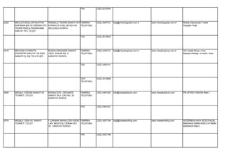 FAX        (332) 2512454




2252   MEVLÜTOĞULLARI MUTFAK    ANADOLU TEKNİK SANAYİ AHİ FABRİKA        (332) 2497721   bilgi@mevlutogullari.com.tr   www.mevlutogullari.com.tr   Mutfak Ekipmanları Yedek
       EKİPMANLARI VE DÖKÜM OTO EVRAN CD.AYAZ SK.NO:4-6   TELEFONU                                                                                 Parçaları İmali.
       YEDEK PARÇA PAZARLAMA    SELÇUKLU KONYA
       SAN.VE TİC.LTD.ŞTİ.

                                                              FAX        (332) 2515803




2315   MEYDAN OTOMOTİV               BÜSAN ORGANİZE SANAYİ    FABRİKA    (332) 3453131   bilgi@meydangroup.com.tr      www.meydangroup.com.tr      Oto Yedek Parça ( Fren
       ENDÜSTRİ NAKLİYE VE GIDA      10631.SOKAK NO: 6        TELEFONU                                                                             Balatası,Rotbaşı ve Rotil ) İmali.
       SANAYİİ İÇ DIŞ TİC.LTD.ŞTİ.   KARATAY KONYA


                                                              FAX        (332) 3453141




                                                              CEP        (532) 3410956
                                                              TELEFONU




2940   MEŞALE DÖKÜM SANAYİ VE        BÜSAN ÖZEL ORGANİZE      FABRİKA    (332) 3461420   info@mesaladokum.com          www.mesaledokum.com         PİK,SFERO DÖKÜM İMALİ.
       TİCARET LTD.ŞTİ.              SANAYİ SILA CAD.NO: 20   TELEFONU
                                     KARATAY KONYA


                                                              FAX        (332) 3461421




2074   MEŞALE GIDA VE SANAYİ         F.ÇAKMAK MAHALLESİ HÜDAİ FABRİKA    (332) 3427194   bilgi@mesalemilling.com       www.mesalemilling.com       DEĞİRMEN HAVA KİLİDİ,PAÇAL
       TİCARET LTD.ŞTİ.              CAD. MENTEŞLİ SOKAK NO:  TELEFONU                                                                             MAKİNASI,İRMİK KIRICI,VİTAMİN
                                     25 KARATAY KONYA                                                                                              MAKİNASI İMALİ.


                                                              FAX        (332) 3427196
 