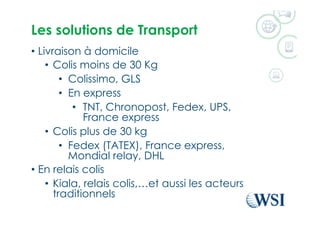 Les solutions de Transport
•  Livraison à domicile
•  Colis moins de 30 Kg
•  Colissimo, GLS
•  En express
•  TNT, Chronopost, Fedex, UPS,
France express
•  Colis plus de 30 kg
•  Fedex (TATEX), France express,
Mondial relay, DHL
•  En relais colis
•  Kiala, relais colis,…et aussi les acteurs
traditionnels
 