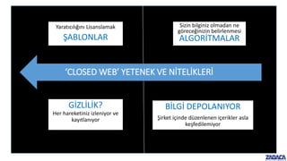 ‘CLOSED WEB’ YETENEK VE NİTELİKLERİ
Yaratıcılığını Lisanslamak
ŞABLONLAR
Sizin bilginiz olmadan ne
göreceğinizin belirlenmesi
ALGORİTMALAR
GİZLİLİK?
Her hareketiniz izleniyor ve
kayıtlanıyor
BİLGİ DEPOLANIYOR
Şirket içinde düzenlenen içerikler asla
keşfedilemiyor
 