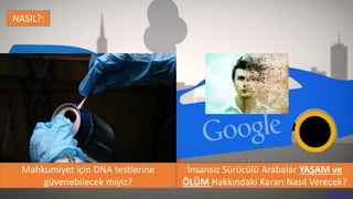 İnsansız Sürücülü Arabalar YAŞAM ve
ÖLÜM Hakkındaki Kararı Nasıl Verecek?
NASIL?:
Mahkumiyet için DNA testlerine
güvenebilecek miyiz?
 