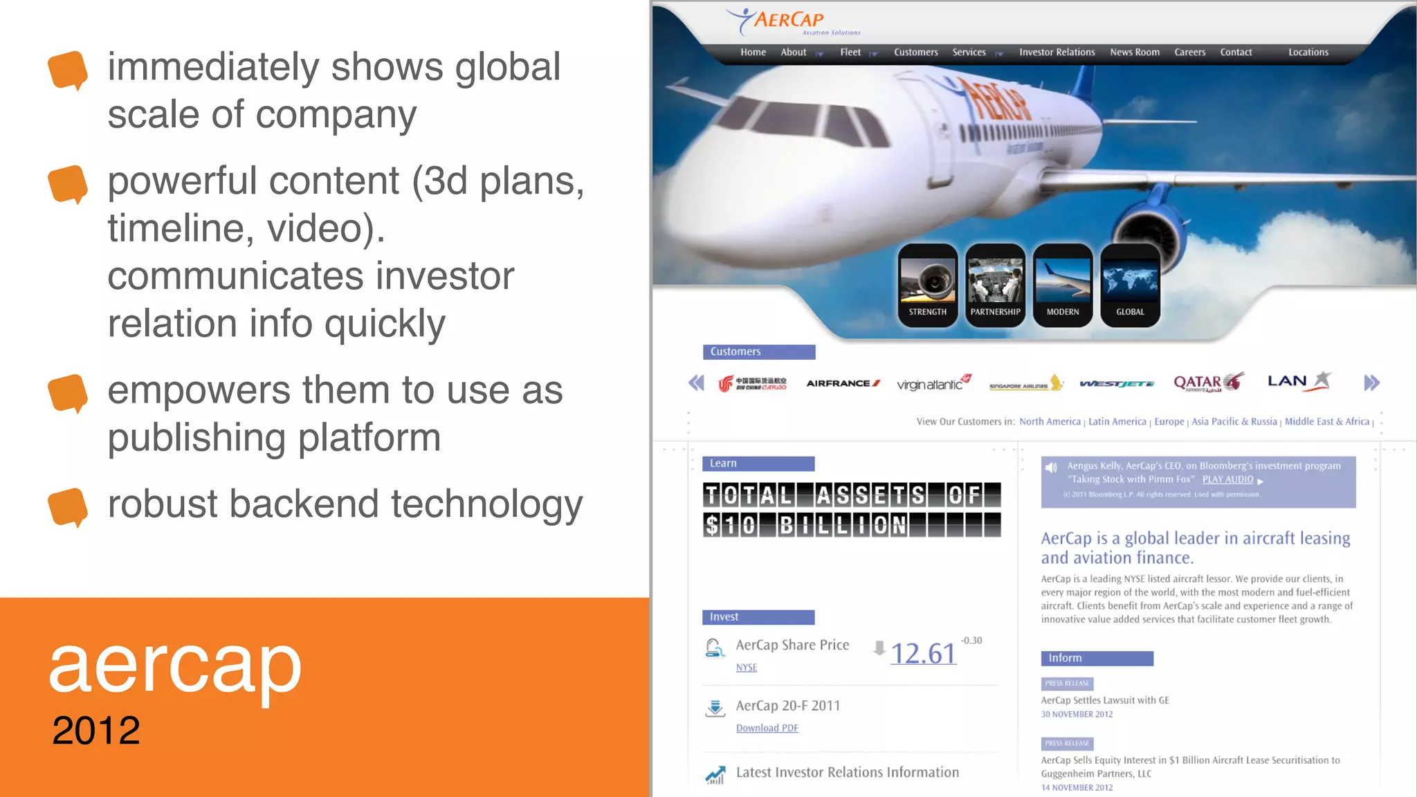 aercap
2012
immediately shows global
scale of company
powerful content (3d plans,
timeline, video).
communicates investor
relation info quickly
empowers them to use as
publishing platform
robust backend technology
 