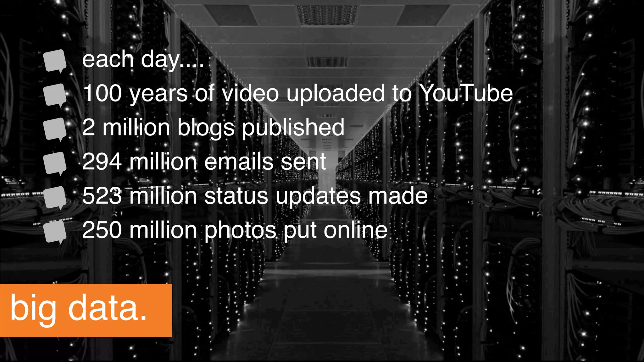 change.
big data.
each day....
100 years of video uploaded to YouTube
2 million blogs published
294 million emails sent
523 million status updates made
250 million photos put online
 