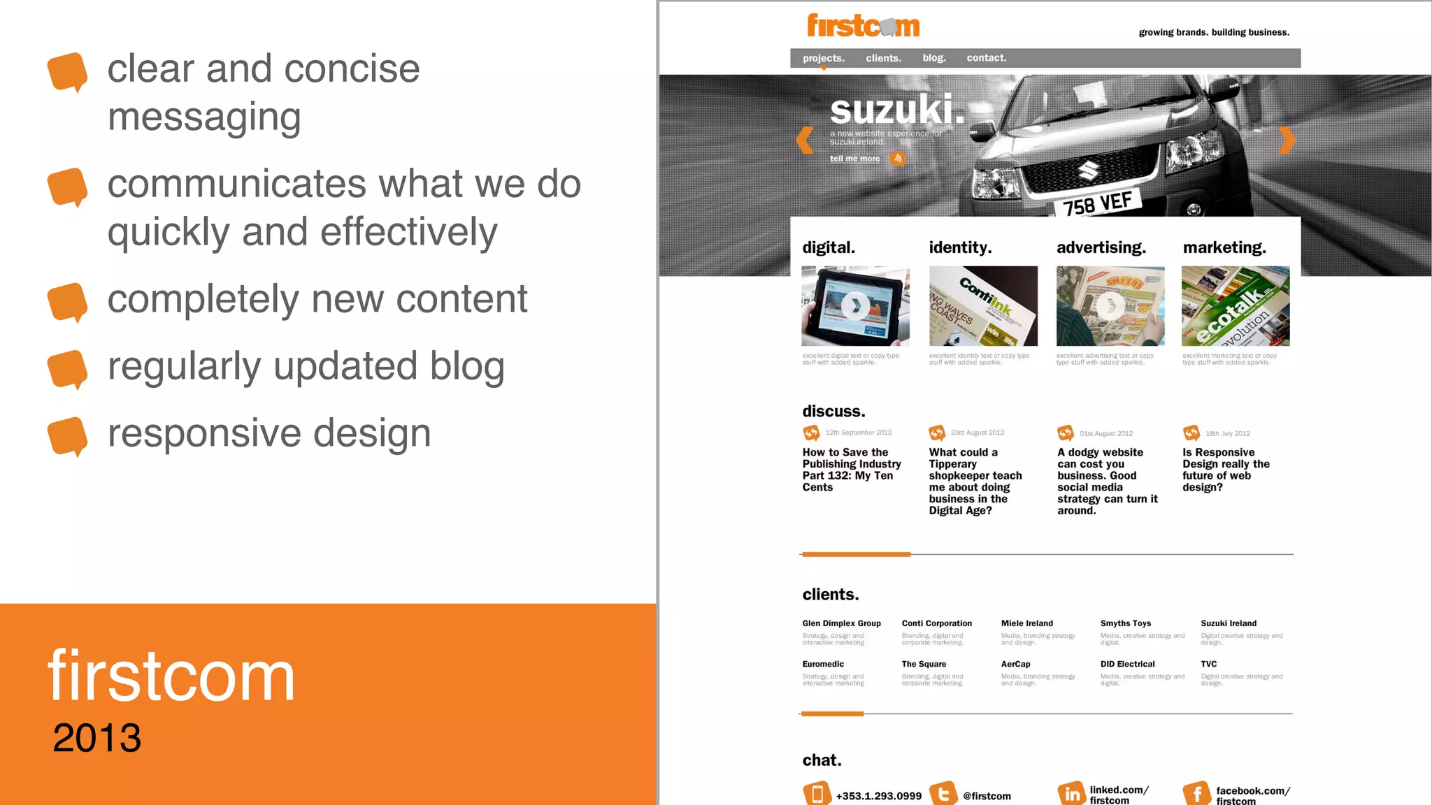 ﬁrstcom
2013
clear and concise
messaging
communicates what we do
quickly and effectively
completely new content
regularly updated blog
responsive design
 