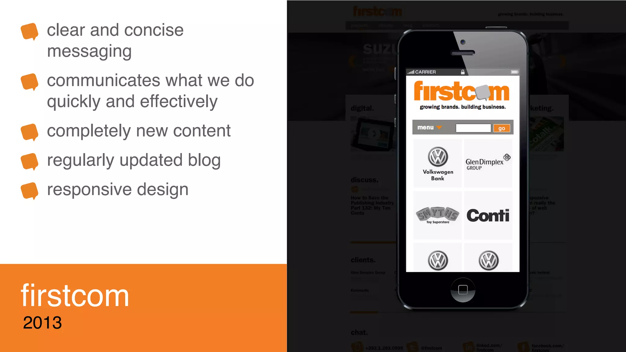 ﬁrstcom
2013
clear and concise
messaging
communicates what we do
quickly and effectively
completely new content
regularly updated blog
responsive design
 