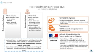 FNE-FORMATION RENFORCÉ (1/5)
LES PRINCIPES GÉNÉRAUX
Formations éligibles
•Toute action à distance : formation, bilan de
co...