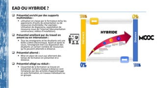 EAD OU HYBRIDE ?
 Présentiel enrichi par des supports
multimédias :
 utilisation en classe par le formateur et/ou les
apprenants d’outils de présentation ou de
ressources multimédia. Par exemple :
Utilisation de diaporama, exploitation de
ressource issue de l’internet (documentation
constructeur, vidéos d’installation).
 Présentiel amélioré par du travail en
amont ou en intersession :
 Tous les enseignants et les étudiants ont une
boîte à lettre électronique. Avant et après le
cours, l’enseignant met à la disposition des
étudiants un certain nombre de ressources
qu’ils peuvent atteindre à distance.
 Présentiel alterné :
 Mise en place de cours qui alternent des
temps de formation en présentiel et à
distance.
 Présentiel allégé ou réduit :
 L’essentiel de la formation se trouve en
présentiel. Certains travaux à distance sont
remplacés par des activités d’apprentissage
en auto-formation, en travaux individuels ou
en groupe.
 