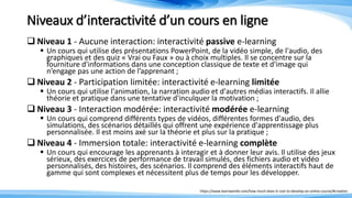 Niveaux d’interactivité d’un cours en ligne
 Niveau 1 - Aucune interaction: interactivité passive e-learning
 Un cours qui utilise des présentations PowerPoint, de la vidéo simple, de l'audio, des
graphiques et des quiz « Vrai ou Faux » ou à choix multiples. Il se concentre sur la
fourniture d'informations dans une conception classique de texte et d'image qui
n’engage pas une action de l’apprenant ;
 Niveau 2 - Participation limitée: interactivité e-learning limitée
 Un cours qui utilise l'animation, la narration audio et d'autres médias interactifs. Il allie
théorie et pratique dans une tentative d'inculquer la motivation ;
 Niveau 3 - Interaction modérée: interactivité modérée e-learning
 Un cours qui comprend différents types de vidéos, différentes formes d'audio, des
simulations, des scénarios détaillés qui offrent une expérience d'apprentissage plus
personnalisée. Il est moins axé sur la théorie et plus sur la pratique ;
 Niveau 4 - Immersion totale: interactivité e-learning complète
 Un cours qui encourage les apprenants à interagir et à donner leur avis. Il utilise des jeux
sérieux, des exercices de performance de travail simulés, des fichiers audio et vidéo
personnalisés, des histoires, des scénarios. Il comprend des éléments interactifs haut de
gamme qui sont complexes et nécessitent plus de temps pour les développer.
https://www.learnworlds.com/how-much-does-it-cost-to-develop-an-online-course/#creation
 